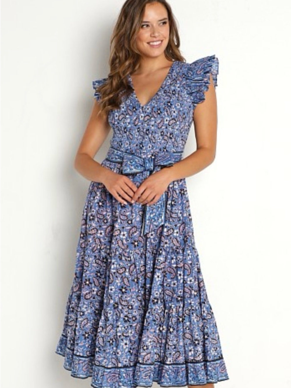 Cleobella Blue Paisley Midi Dress with Tie Waist